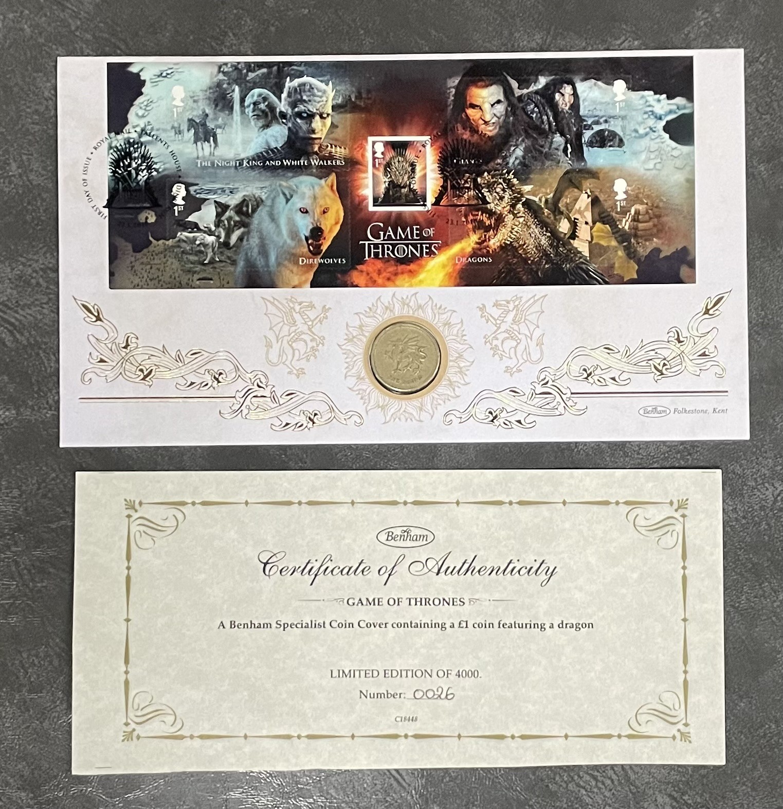 Game of Thrones Ltd Ed Benham Royal Mail FDC w/ £1 Coin featuring a Dragon