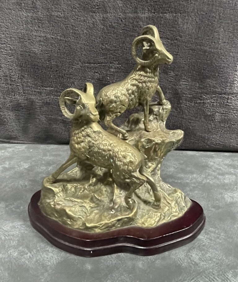Solid Heavy Brass Mountain Goat Sculpture on Mahogany Plinth