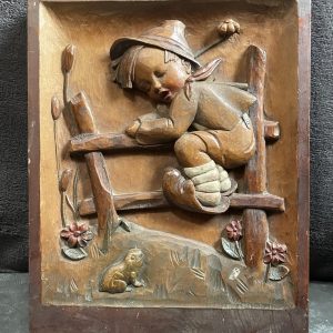 Goebel 'Retreat to Safety' Boy and Frog Wooden Wall Art Sculpture