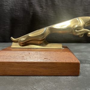 Gold Tone Vintage Jaguar Mascot on Wooden Plinth