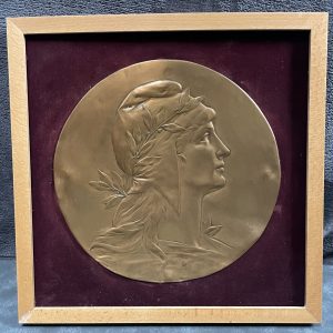 French Art Nouveau Embossed Medallion Brass Plaque