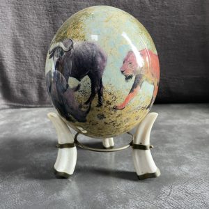 Hand-Painted African Wildlife Ostrich Egg Signed on Stand