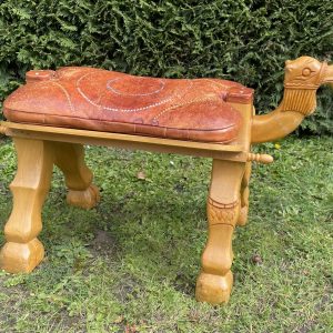Hand-Carved Wooden Camel Seat / Footstool with Leather Cushion